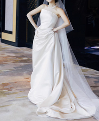 New Arrival Wedding Dress Satin A Line Asymmetrical Neck Pleated Wedding Dresses HZ0319