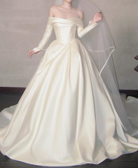 New Design Wedding Dress Satin Off Shoulder Long Sleeves Pleated Wedding Dresses HZ0319