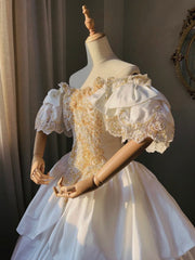 Vintage Wedding Dress Off Shoulder Tiered Pleated Wedding Dress HZ0319