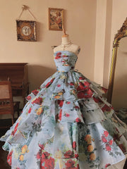 Elegant Prom Dress Strapless Print Tiered Evening Dress Quinceanera Dress Ball Gown HZ0319