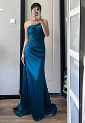 Elegant Prom Dress Dark Blue Asymmetrical Neck Pleated Gala Dress Evening Dress Cocktail Dress HZ0319