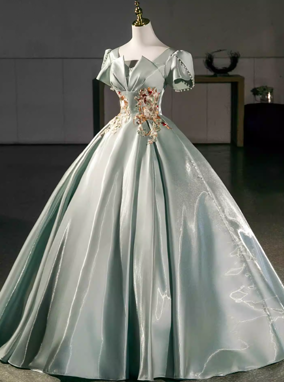 Elegant Prom Dress Light Green Square Neck Pleated Evening Dress Quinceanera Dress Ball Gown HZ0319