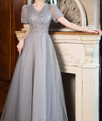 Shiny Prom Dress Short Sleeves Tulle Pleated Gala Dress Evening Dress Formal Dress HZ0319