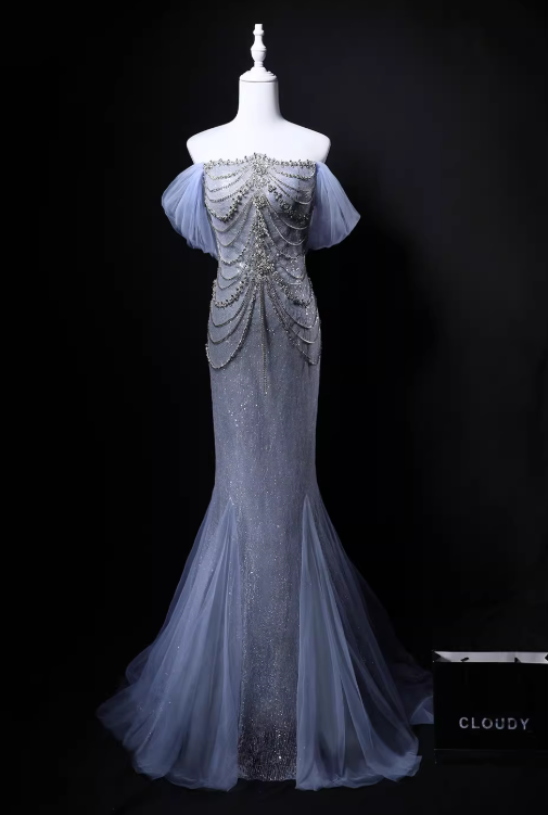 Shiny Prom Dress Off Shoulder Pleated Mermaid Gala Dress Evening Dress Formal Dress HZ0319