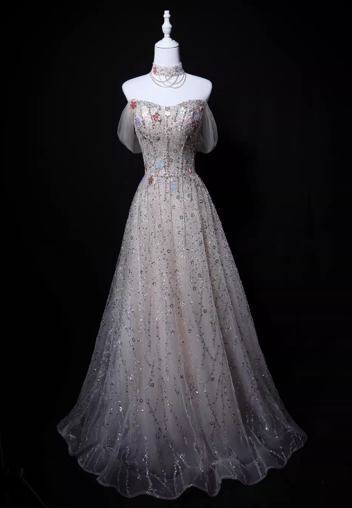 Shiny Prom Dress A Line Off Shoulder Tulle Gala Dress Evening Dress Formal Dress HZ0319