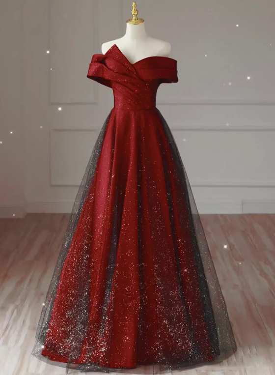 Shiny Prom Dress Off Shoulder Pleated Tulle Gala Dress Evening Dress Formal Dress HZ0319