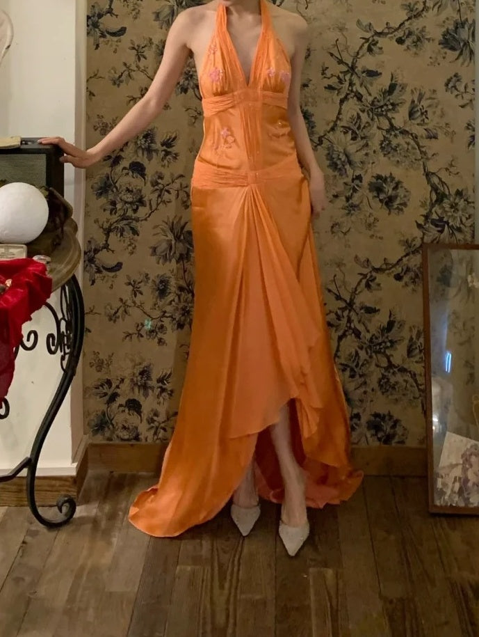 Retro Prom Dress Halter Pleated Gala Dress Cockatail Dress Evening Dress HZ0319