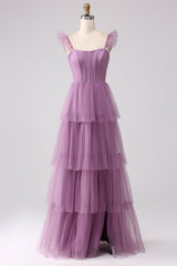 Smoky Blue Tiered A-Line Long Prom Dress with Flutter Sleeves