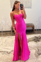 Hot Pink Scoop Neck Spaghetti Strap Long Prom Dress