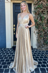 Gold V-Neck Banded Waist Backless A-Line Long Formal Dress
