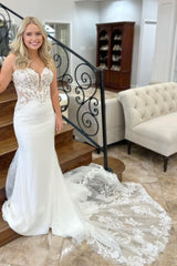 Lace White Strapless Appliques Mermaid Long Wedding Dress