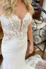 Lace White Strapless Appliques Mermaid Long Wedding Dress