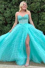 Yellow Appliques Sweetheart Ruffle Tiered A-Line Prom Dress
