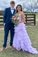 Royal Blue Chiffon Sweetheart Ruffle Tiered Long Prom Dress