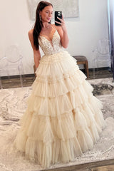 Spaghetti Strap V-Neck Sleeveless Ruffle Tiered Tulle Long Ball Gown