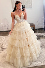 Spaghetti Strap V-Neck Sleeveless Ruffle Tiered Tulle Long Ball Gown
