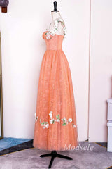 Orange Lace 3D Floral Lace Corset A-Line Long Prom Dress