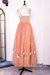 Orange Lace 3D Floral Lace Corset A-Line Long Prom Dress