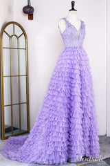 Lavender Appliques Plunge V Ruffle Tiered Long Prom Dress with Slit