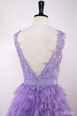 Lavender Appliques Plunge V Ruffle Tiered Long Prom Dress with Slit