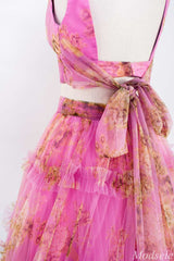 Two-Piece Fuchsia Print V-Neck Ruffle Long Prom Dress