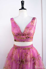 Two-Piece Fuchsia Print V-Neck Ruffle Long Prom Dress