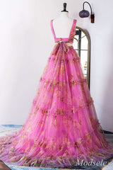 Two-Piece Fuchsia Print V-Neck Ruffle Long Prom Dress