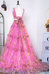 Two-Piece Fuchsia Print V-Neck Ruffle Long Prom Dress