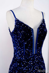 Royal Blue Sequin Spaghetti Strap Mermaid Long Formal Dress