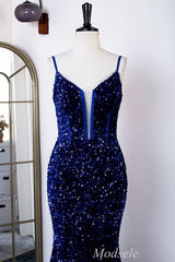 Royal Blue Sequin Spaghetti Strap Mermaid Long Formal Dress