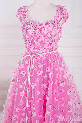 Pink 3D Floral Lace Cap Sleeve A-Line Long Prom Dress with Slit