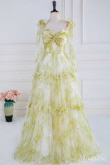 Yellow Print Twisted Knot Ruffle A-Line Long Prom Dress