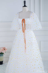 White Daisy Print Square Neck Puff Sleeve A-Line Long Prom Dress