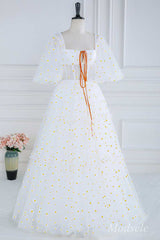 White Daisy Print Square Neck Puff Sleeve A-Line Long Prom Dress
