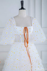White Daisy Print Square Neck Puff Sleeve A-Line Long Prom Dress
