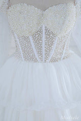 White Beaded Strapless Ruffle Tiered Long Prom Dress