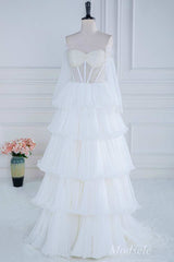 White Beaded Strapless Ruffle Tiered Long Prom Dress