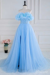 Blue Floral Petal Appliques Off-the-Shoulder A-Line Long Prom Dress