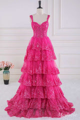 Fuchsia Tulle Sequin Sweetheart Ruffle Multi-Layer Ball Gown