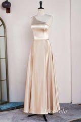 A-Line Champagne One-Shoulder A-Line Long Dress