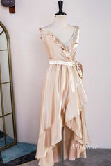 Champagne Surplice Backless High-Low Formal Dress