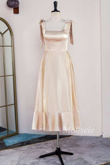 Champagne Bow Strap Ruffle A-Line Formal Dress