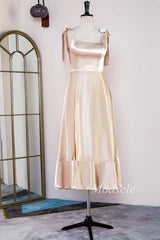 Champagne Bow Strap Ruffle A-Line Formal Dress