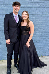 Magenta Chiffon Appliques Strapless A-Line Long Prom Dress