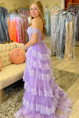 Pink Sequin Appliques Off-the-Shoulder Ruffle Tiered Long Gown