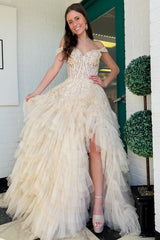 Light Blue Appliques Off-the-Shoulder Ruffle Tiered Long Prom Dress