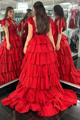 Black Plunge V Ruffle Tiered Ball Gown with Slit