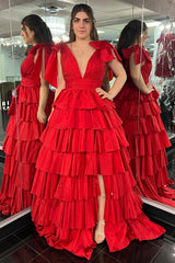 Black Plunge V Ruffle Tiered Ball Gown with Slit