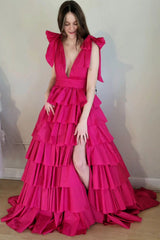 Black Plunge V Ruffle Tiered Ball Gown with Slit