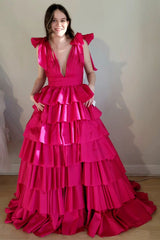 Black Plunge V Ruffle Tiered Ball Gown with Slit